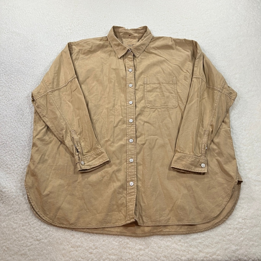 American Eagle Button Up Women S Tan Oversized Fit Long‎ Sleeve Cotton Viscose